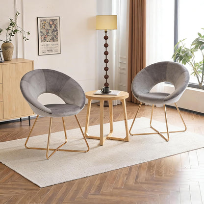Modern Accent Velvet Chairs Dining Chairs Single Sofa Comfy Upholstered Arm Chair Living Room Furniture Mid-Century Leisure Lounge Chairs with Golden Metal Frame Legs 1 PCS Grey