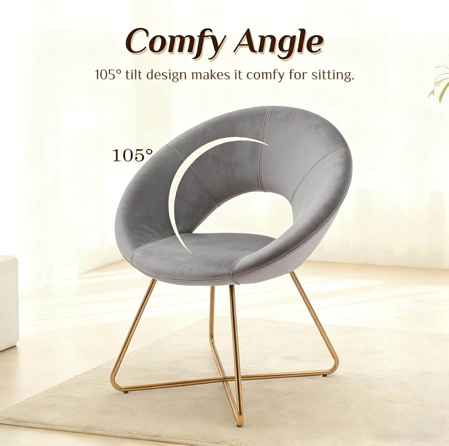 Modern Accent Velvet Chairs Dining Chairs Single Sofa Comfy Upholstered Arm Chair Living Room Furniture Mid-Century Leisure Lounge Chairs with Golden Metal Frame Legs 1 PCS Grey