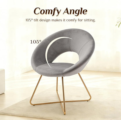 Modern Accent Velvet Chairs Dining Chairs Single Sofa Comfy Upholstered Arm Chair Living Room Furniture Mid-Century Leisure Lounge Chairs with Golden Metal Frame Legs 1 PCS Grey