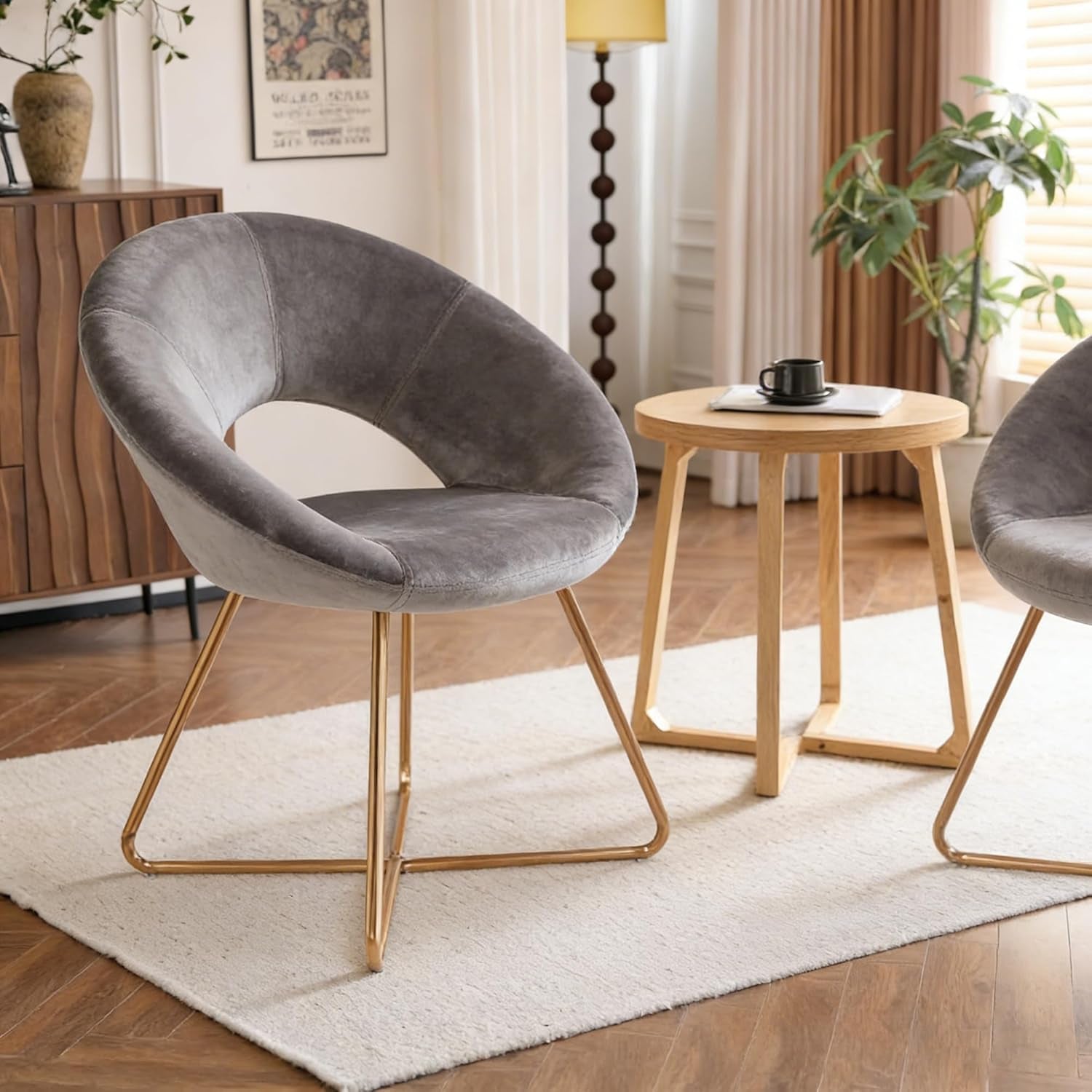Modern Accent Velvet Chairs Dining Chairs Single Sofa Comfy Upholstered Arm Chair Living Room Furniture Mid-Century Leisure Lounge Chairs with Golden Metal Frame Legs 1 PCS Grey