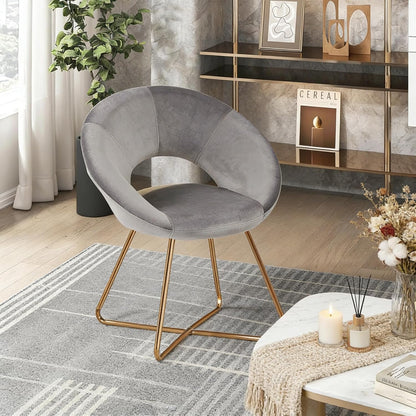 Modern Accent Velvet Chairs Dining Chairs Single Sofa Comfy Upholstered Arm Chair Living Room Furniture Mid-Century Leisure Lounge Chairs with Golden Metal Frame Legs 1 PCS Grey