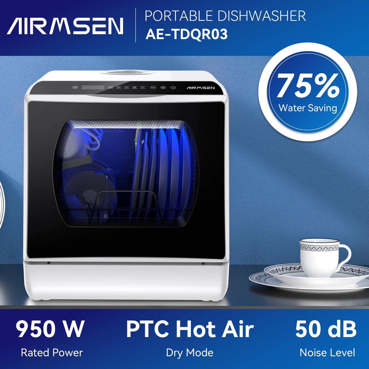 Portable Countertop Dishwasher with 5-Liter Built-In Water Tank and Air-Dry Function, 5 Washing Programs Mini Dishwasher, AE-TDQR03
